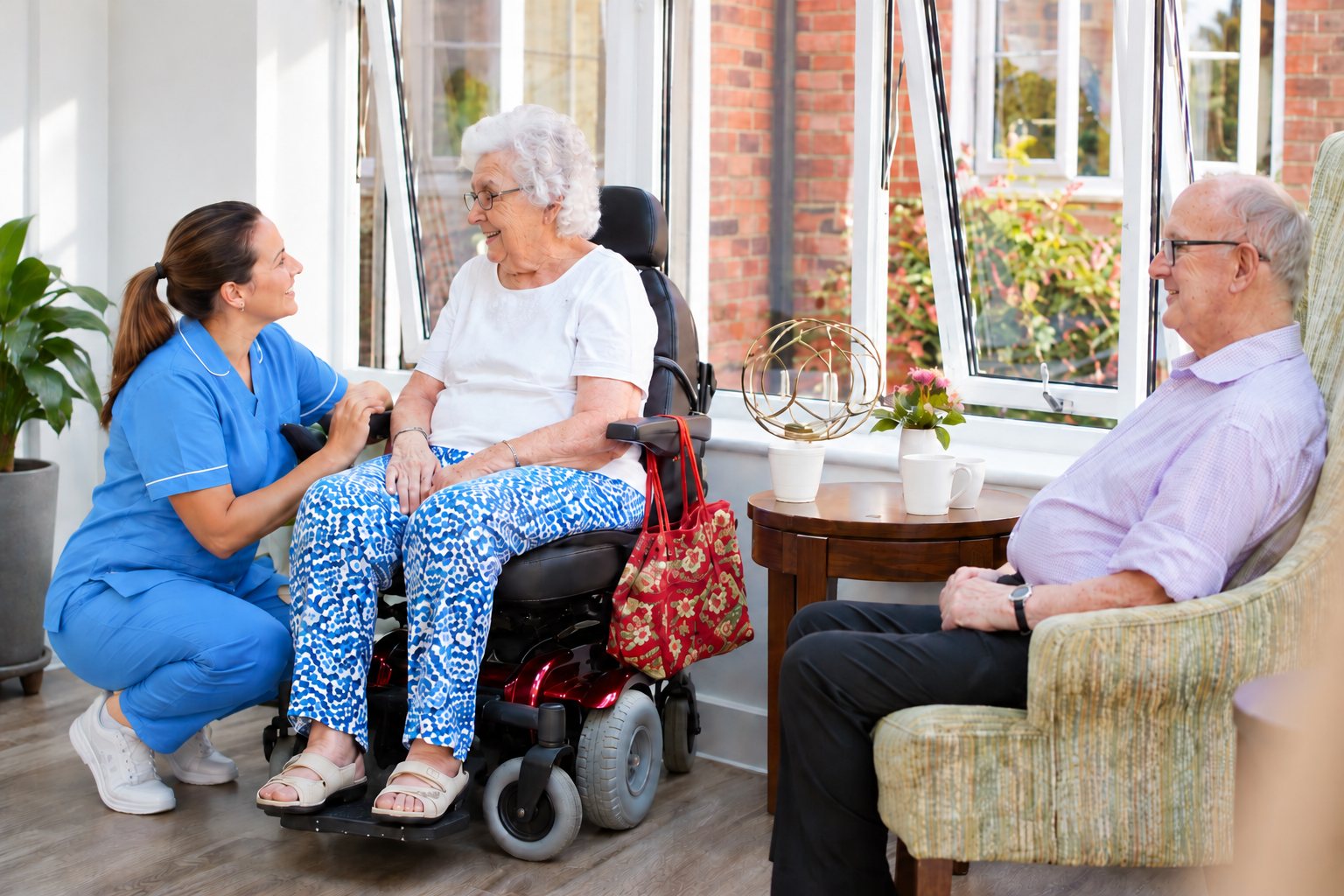A nurse in conversation with residents in a long-term care home lounge